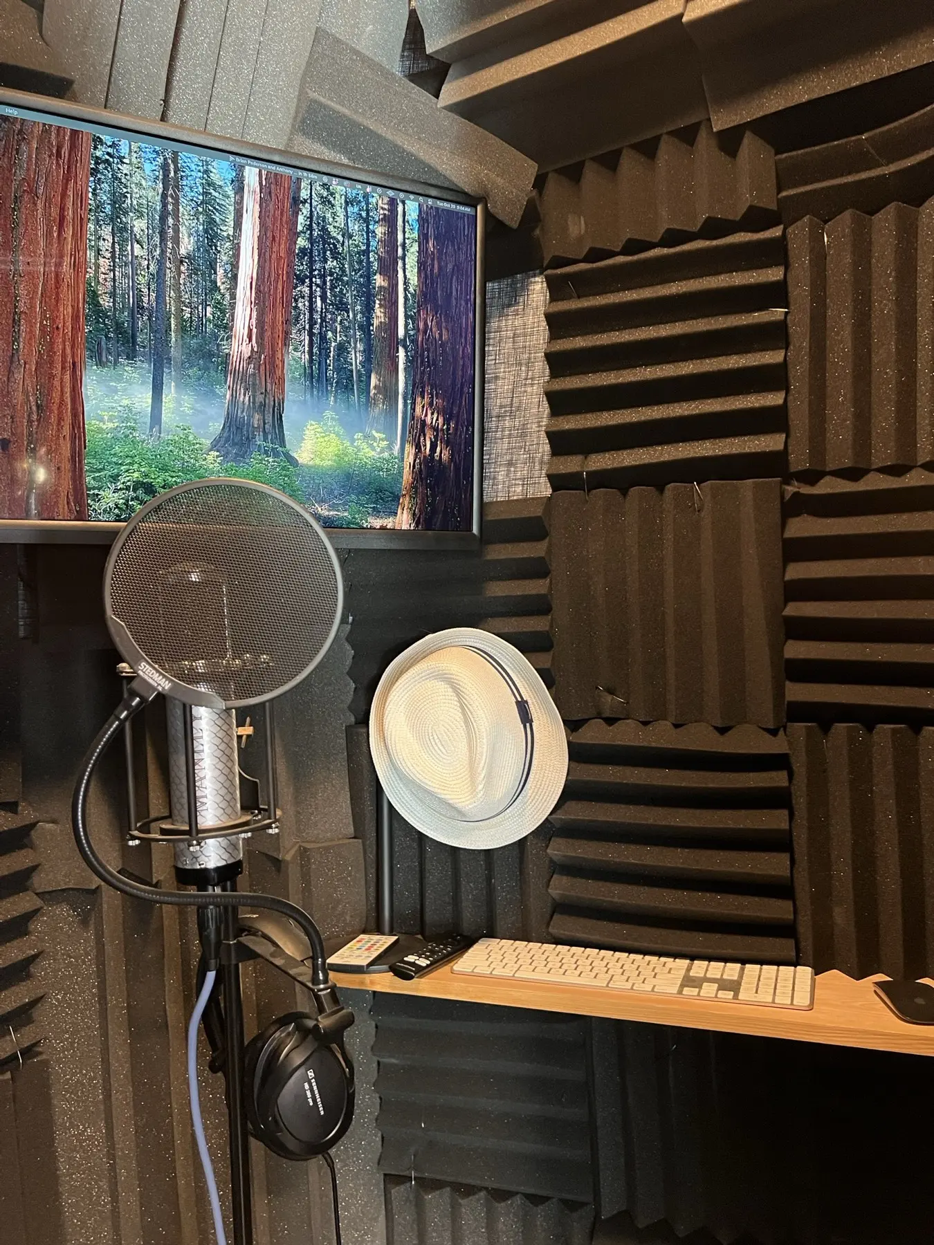 The empty booth: Manley tube microphone with a pop filter, studio headphones, a white fedora on the wall, a desk and the script screen